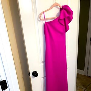 Long pink one shoulder dress. Fits sizes 2-4, possibly 6.